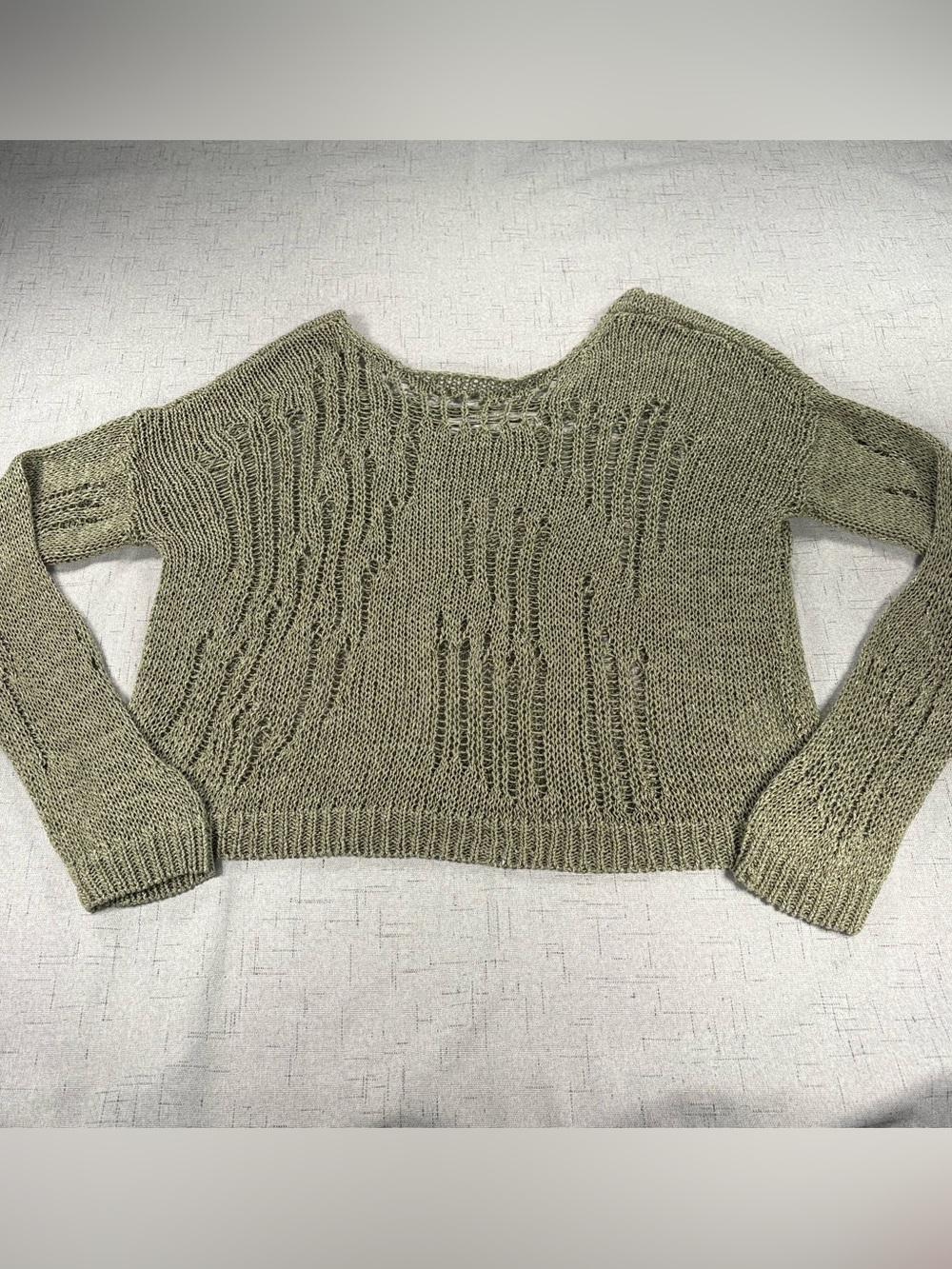 Silence + Noise Olive Green Open Knit Ladder Distressed Long Sleeve Sweater